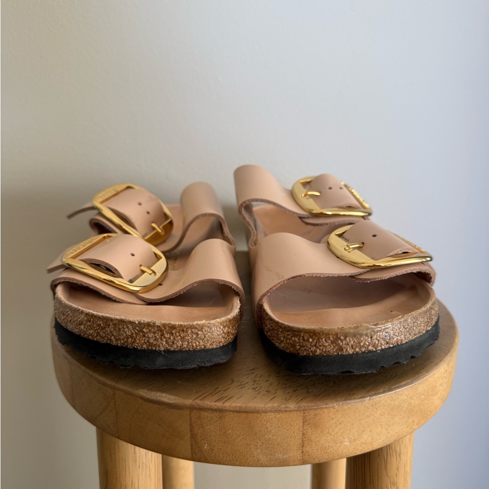 Birkenstock Tan Sandals with Gold Buckles - Picture 3 of 7
